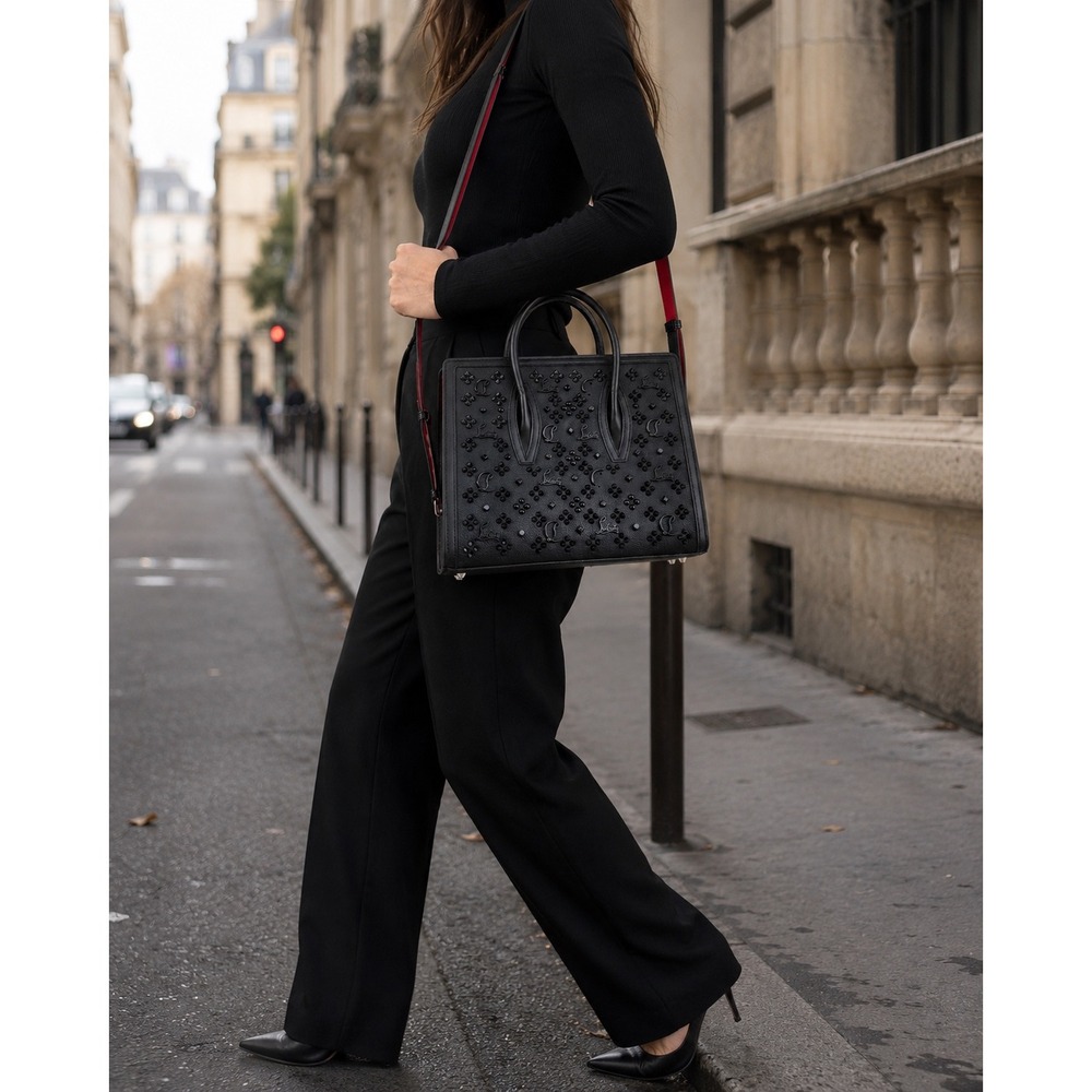 Christian Louboutin Paloma Medium Black Grained Leather Spiked Tote Bag